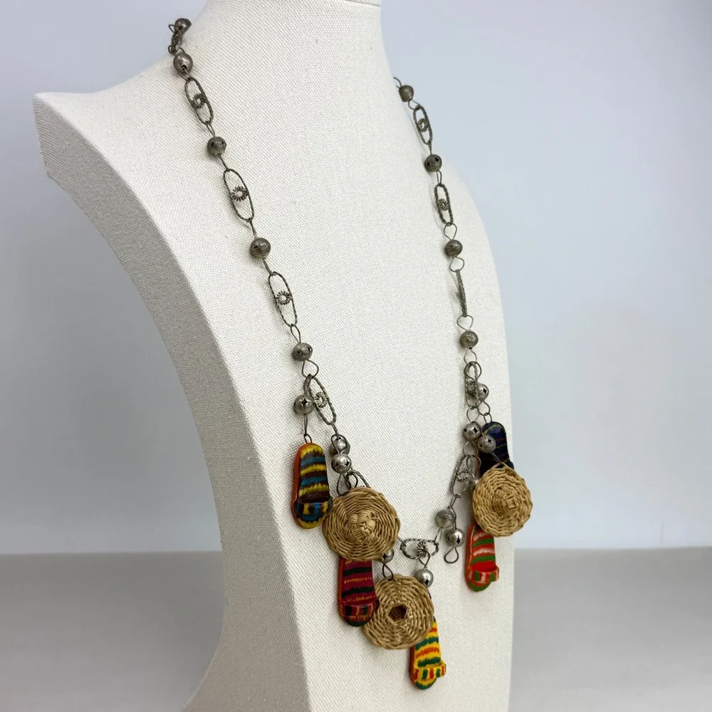 Vintage Mexican Wedding Necklace Folk Art Sombrero Huarache Charms Silver Tone